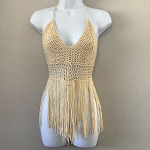 Y2K Cream Crochet Open Knit Fringe Boho Hippie Rave Festival Babydoll Top OS